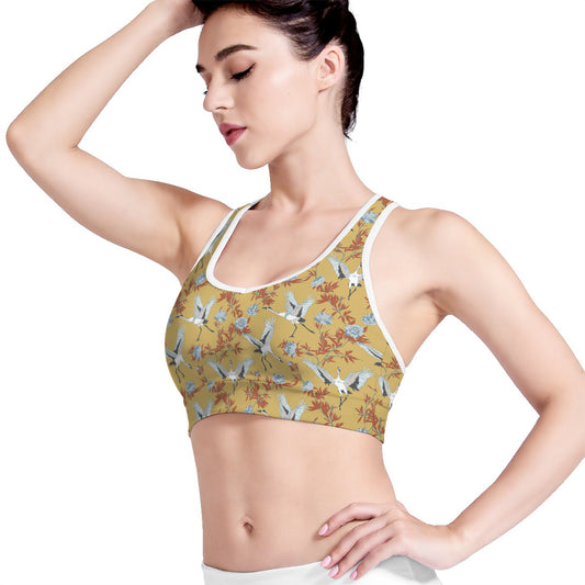 White Japanese Cranes Pattern Print Women's Sports Bra