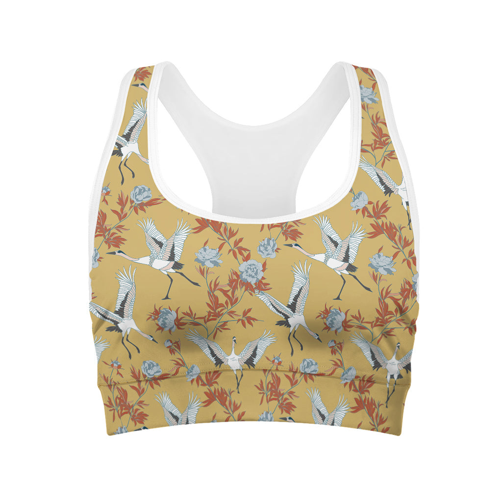 White Japanese Cranes Pattern Print Women's Sports Bra