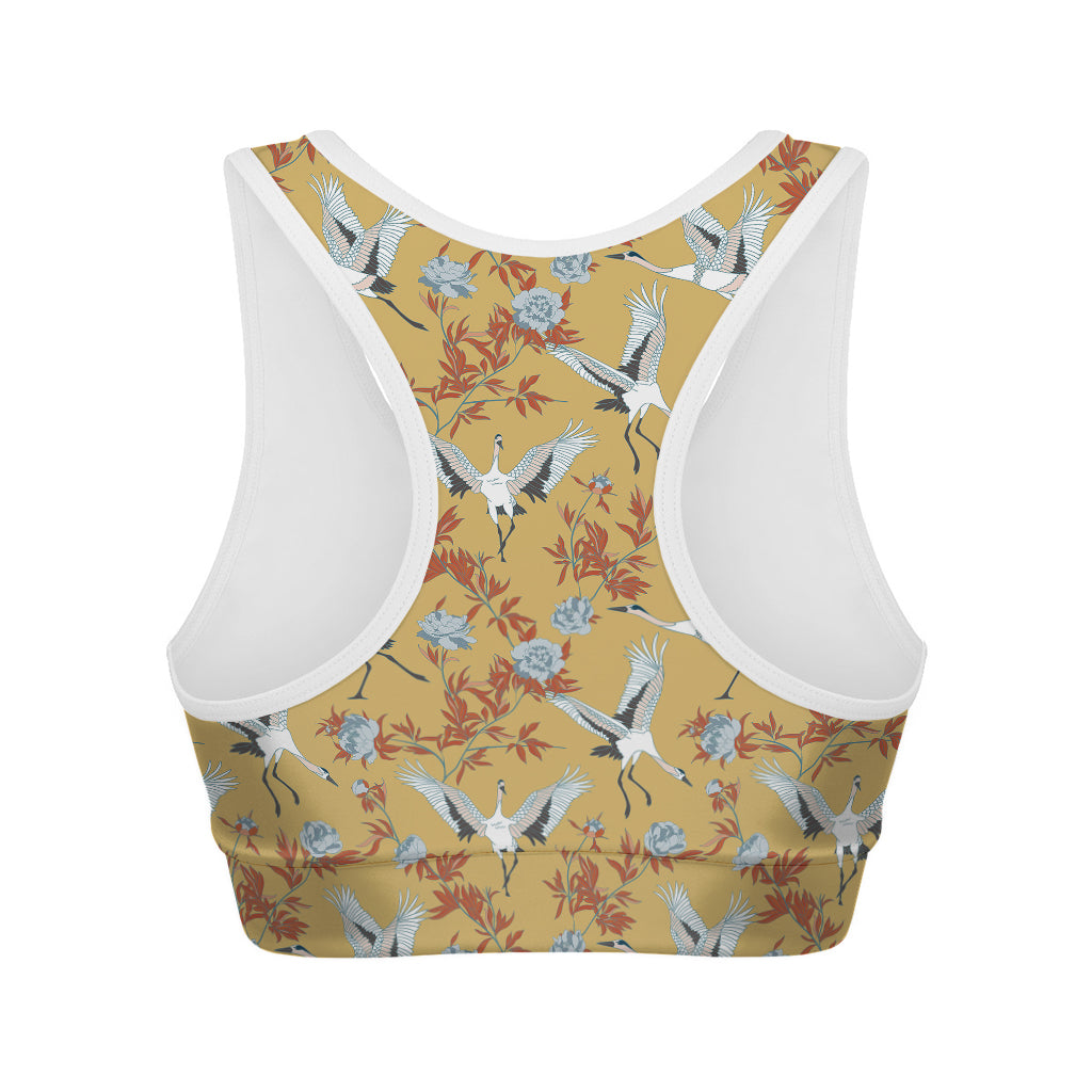 White Japanese Cranes Pattern Print Women's Sports Bra