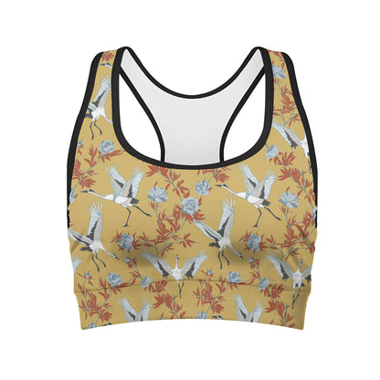 White Japanese Cranes Pattern Print Women's Sports Bra