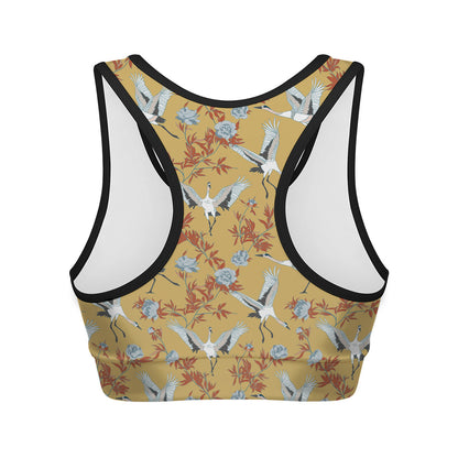 White Japanese Cranes Pattern Print Women's Sports Bra