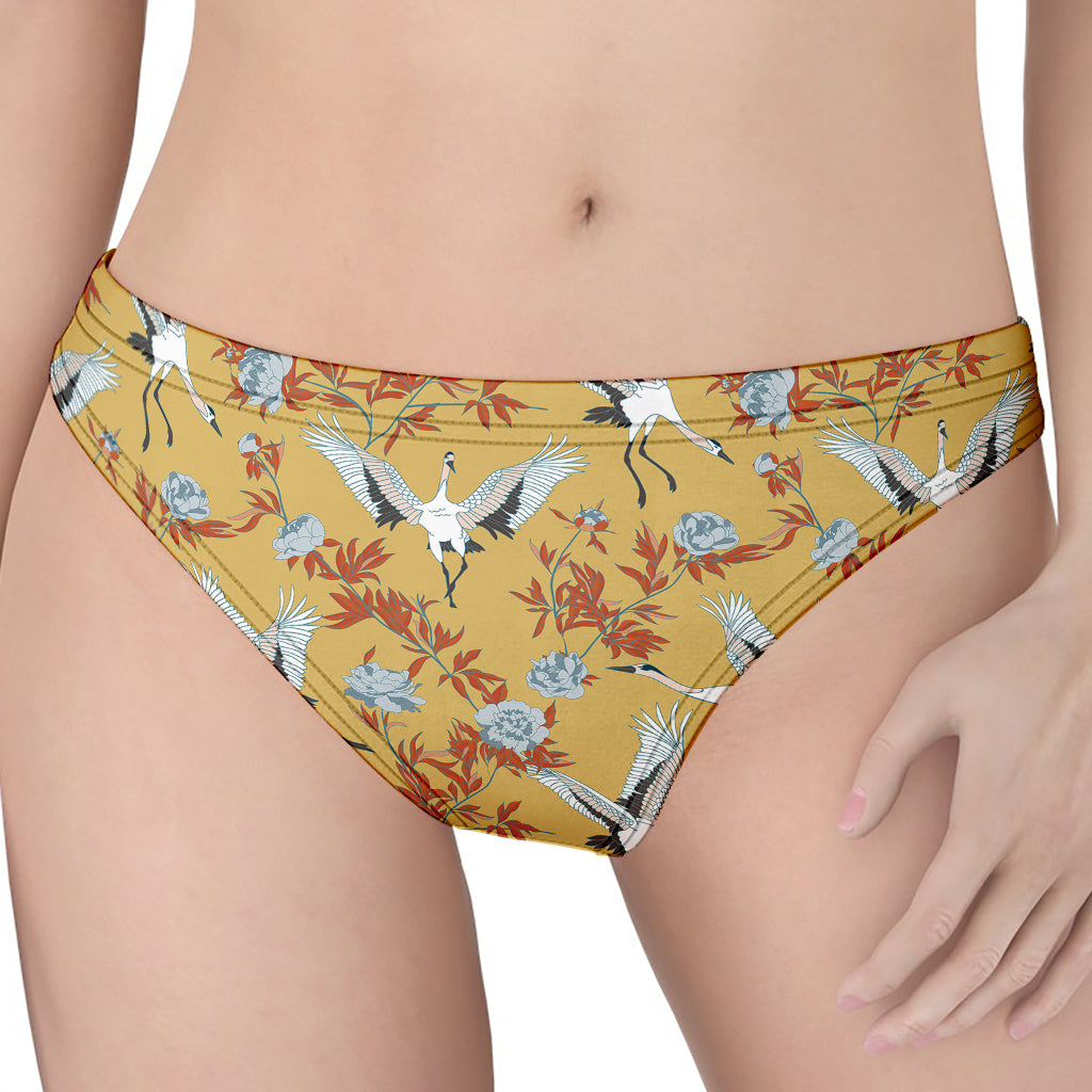 White Japanese Cranes Pattern Print Women's Thong