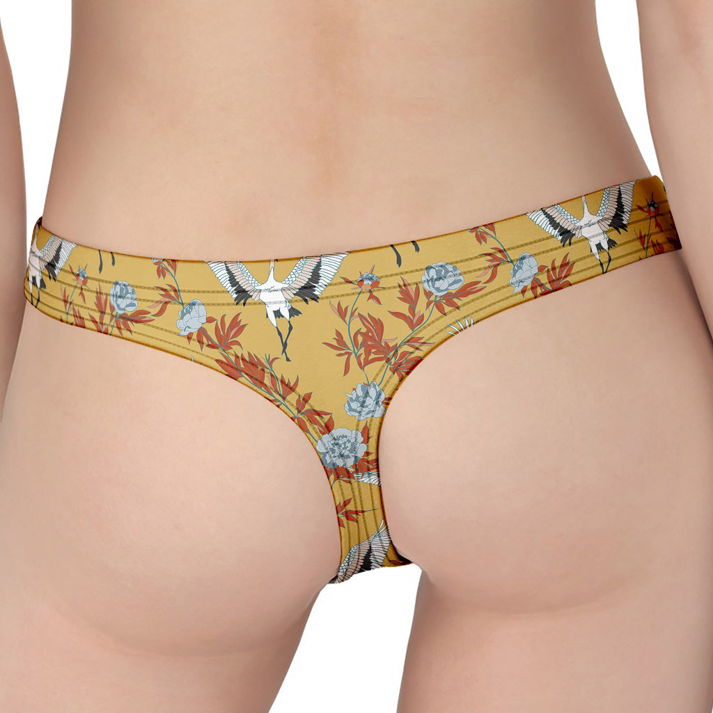 White Japanese Cranes Pattern Print Women's Thong