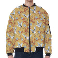 White Japanese Cranes Pattern Print Zip Sleeve Bomber Jacket