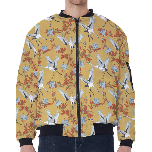 White Japanese Cranes Pattern Print Zip Sleeve Bomber Jacket