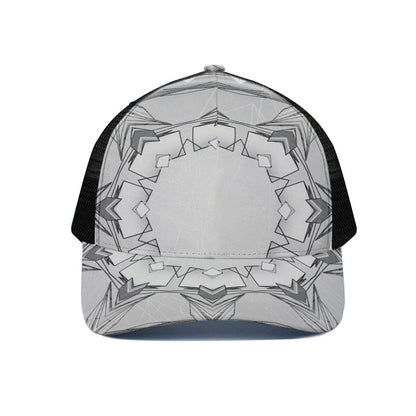White Kaleidoscope Print Black Mesh Trucker Cap