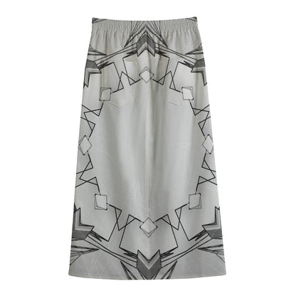 White Kaleidoscope Print Cotton Front Slit Maxi Skirt