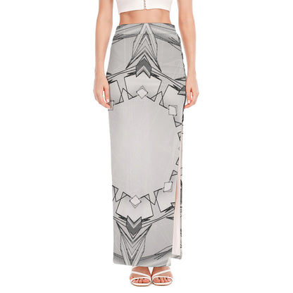 White Kaleidoscope Print High Slit Maxi Skirt