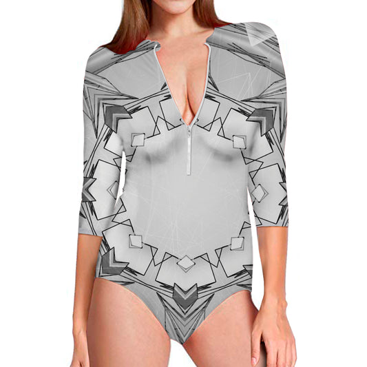 White Kaleidoscope Print Long Sleeve Swimsuit