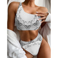 White Kaleidoscope Print One Shoulder Bikini Set