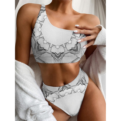 White Kaleidoscope Print One Shoulder Bikini Top