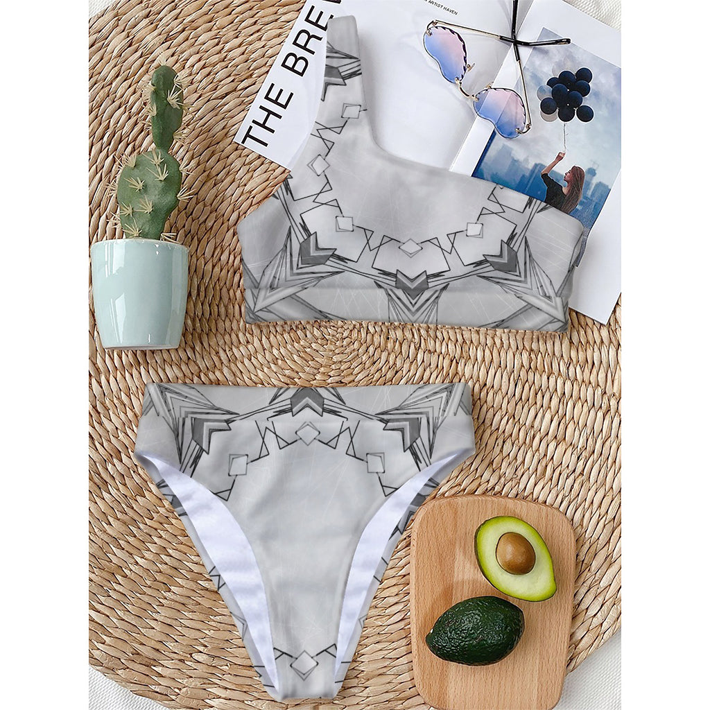 White Kaleidoscope Print One Shoulder Bikini Top