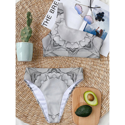 White Kaleidoscope Print One Shoulder Bikini Top