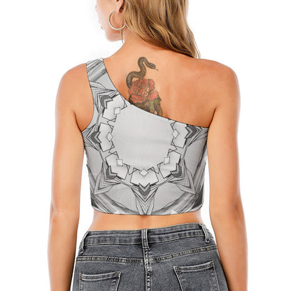 White Kaleidoscope Print One Shoulder Crop Top