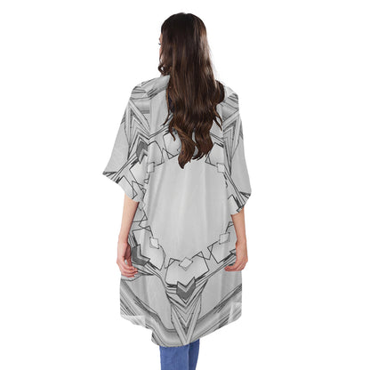 White Kaleidoscope Print Open Front Beach Cover Up