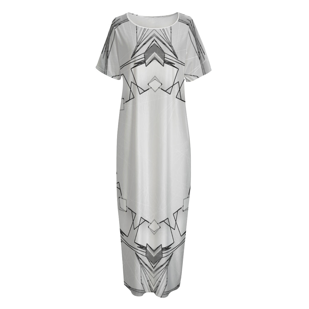 White Kaleidoscope Print Short Sleeve Long Nightdress
