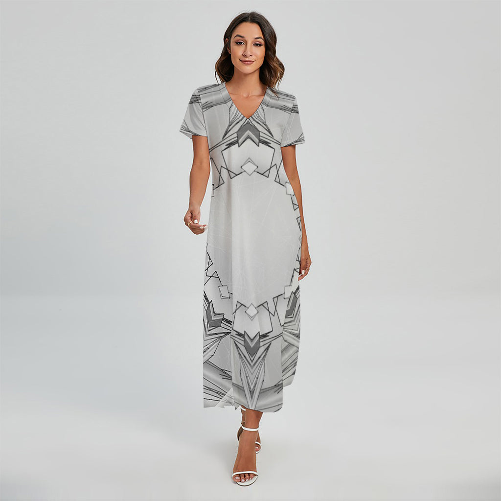 White Kaleidoscope Print Short Sleeve Maxi Dress