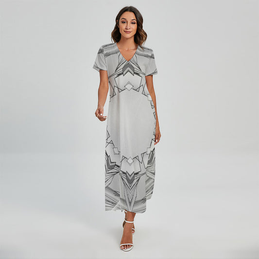 White Kaleidoscope Print Short Sleeve Maxi Dress