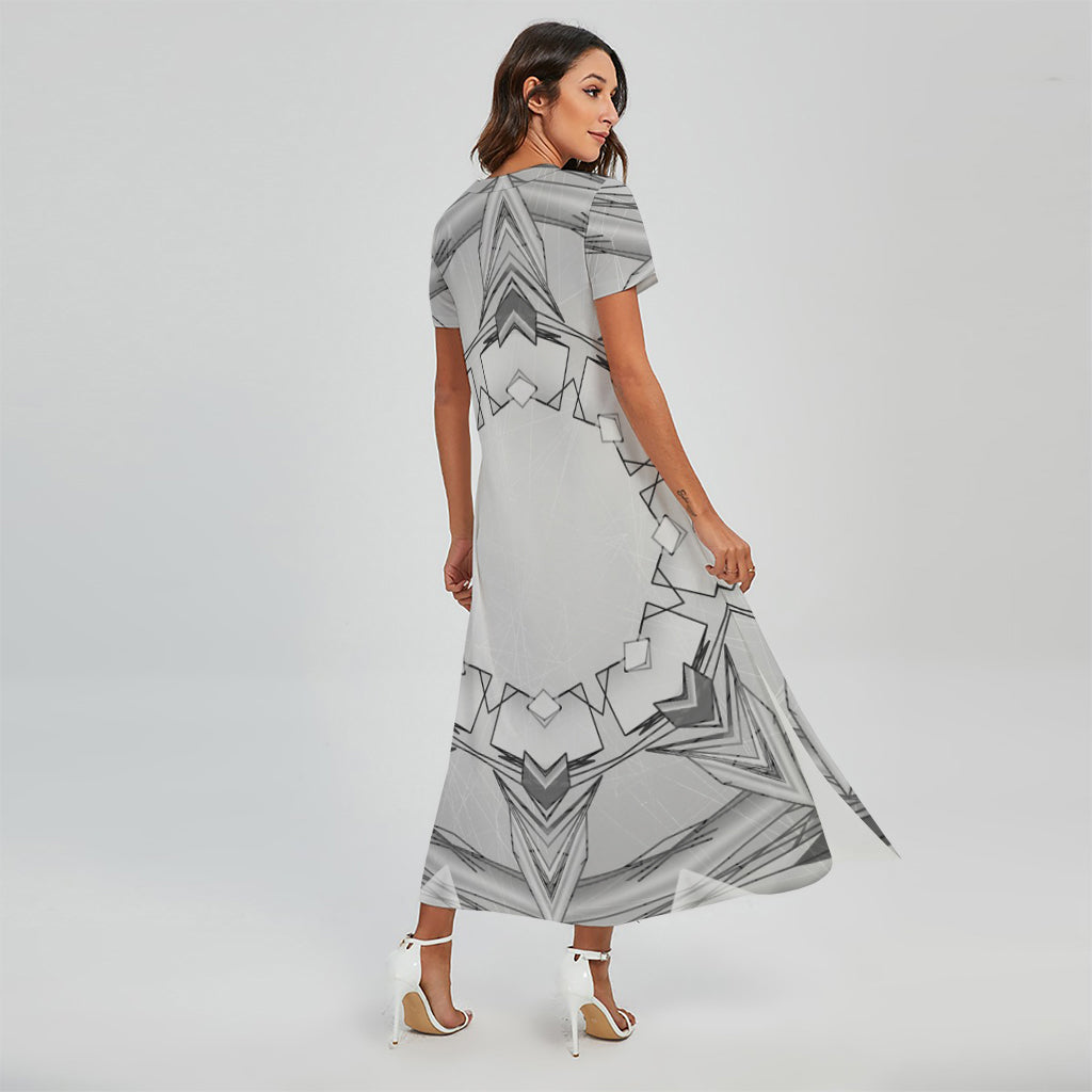 White Kaleidoscope Print Short Sleeve Maxi Dress