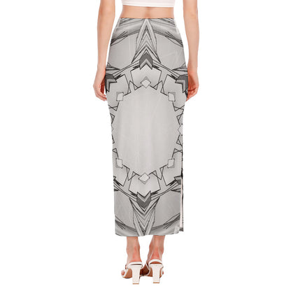 White Kaleidoscope Print Side Slit Maxi Skirt