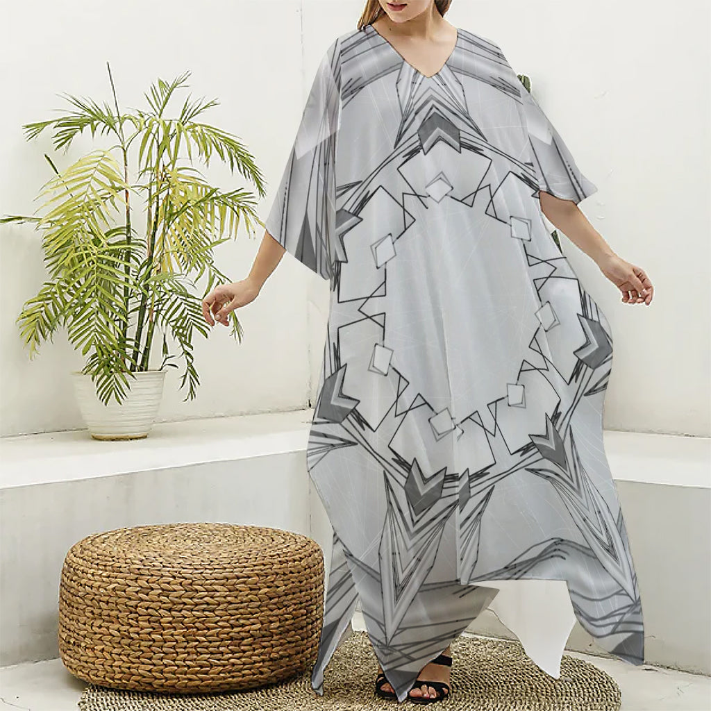White Kaleidoscope Print Silk V-Neck Kaftan Dress