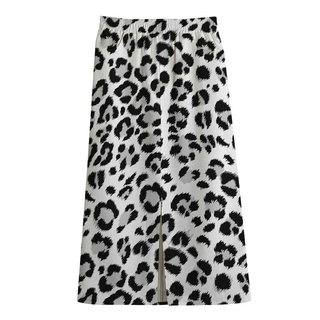 White Leopard Print Cotton Front Slit Maxi Skirt