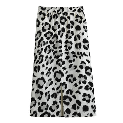 White Leopard Print Cotton Front Slit Maxi Skirt