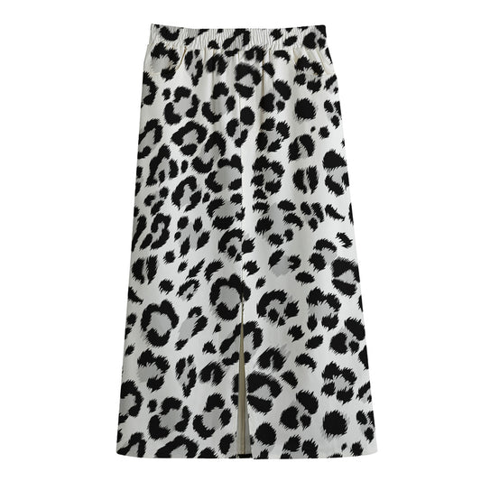 White Leopard Print Cotton Front Slit Maxi Skirt