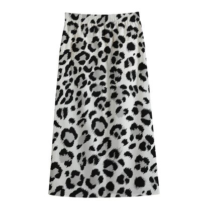 White Leopard Print Cotton Front Slit Maxi Skirt