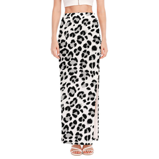 White Leopard Print High Slit Maxi Skirt