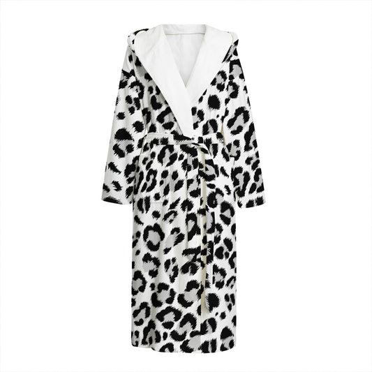 White Leopard Print Hooded Bathrobe