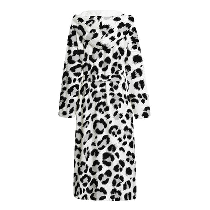 White Leopard Print Hooded Bathrobe