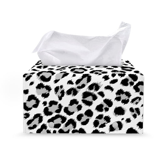 White Leopard Print Leather Tissue Box Cover