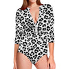 White Leopard Print Long Sleeve Swimsuit