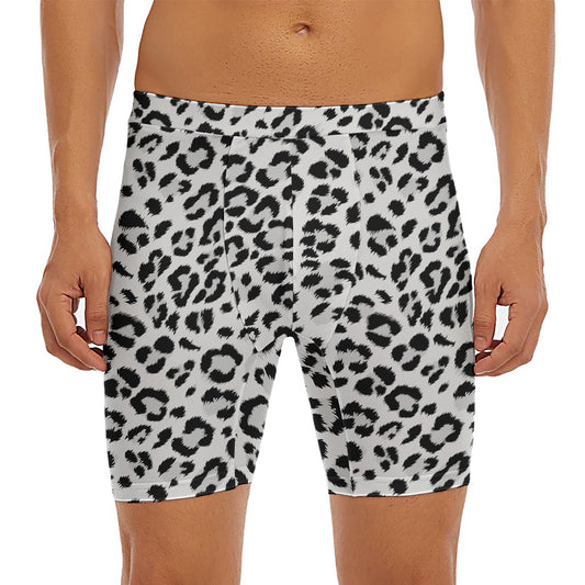 White Leopard Print Men's Long Boxer Briefs