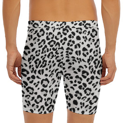 White Leopard Print Men's Long Boxer Briefs