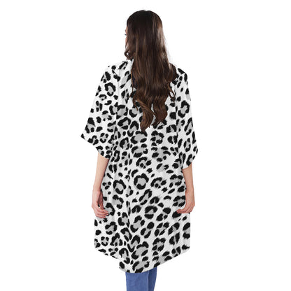 White Leopard Print Open Front Beach Cover Up