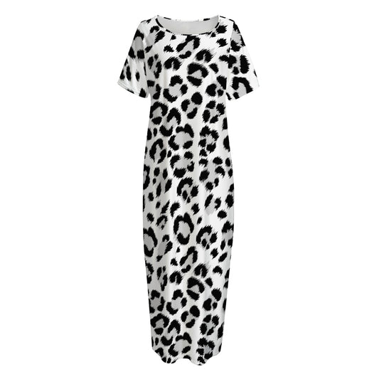 White Leopard Print Short Sleeve Long Nightdress
