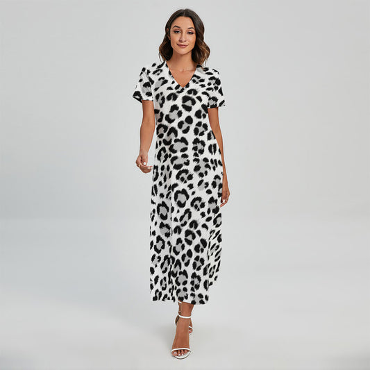 White Leopard Print Short Sleeve Maxi Dress