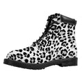 White Leopard Print Padded Collar Lace Up Boots