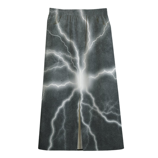 White Lightning Print Cotton Front Slit Maxi Skirt