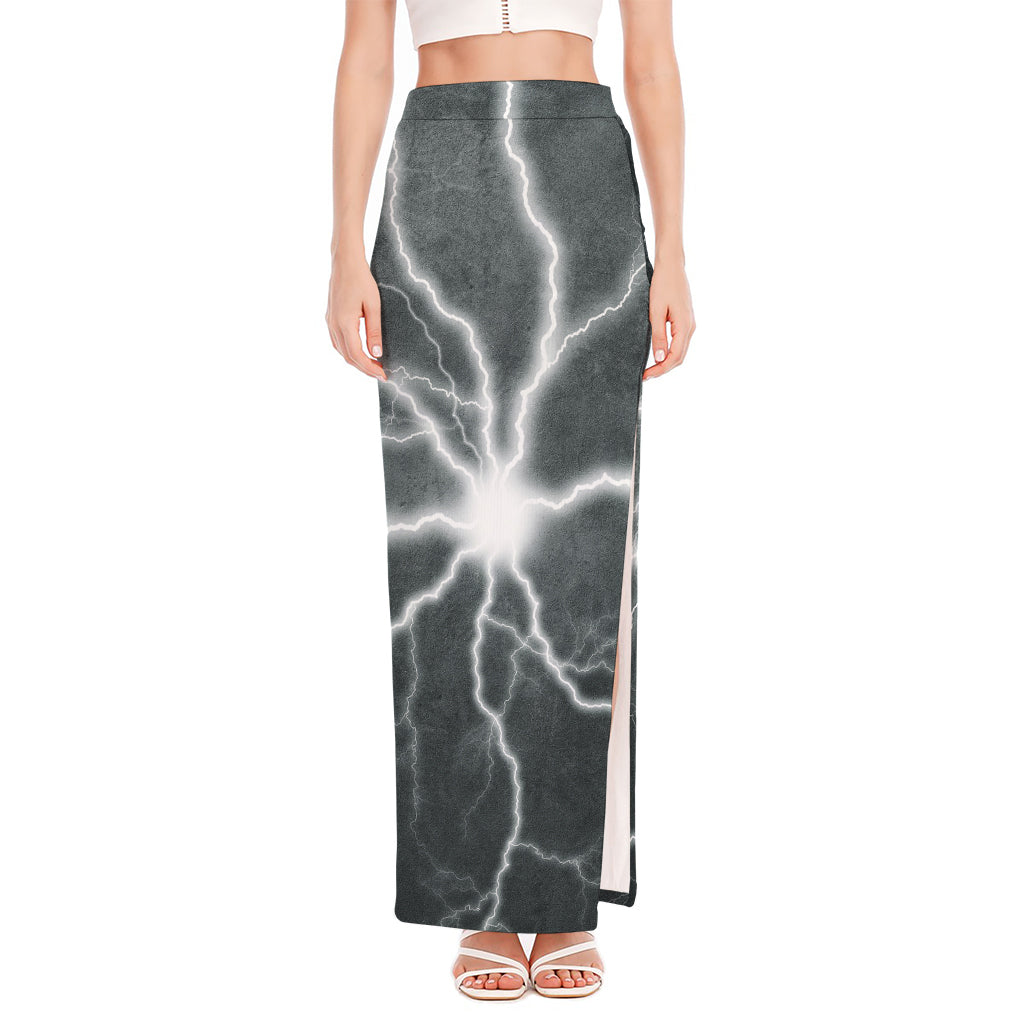 White Lightning Print High Slit Maxi Skirt
