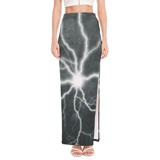 White Lightning Print High Slit Maxi Skirt