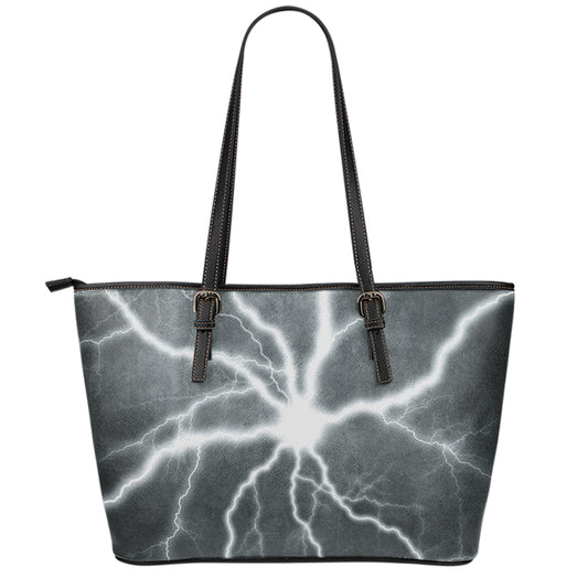 White Lightning Print Leather Tote Bag