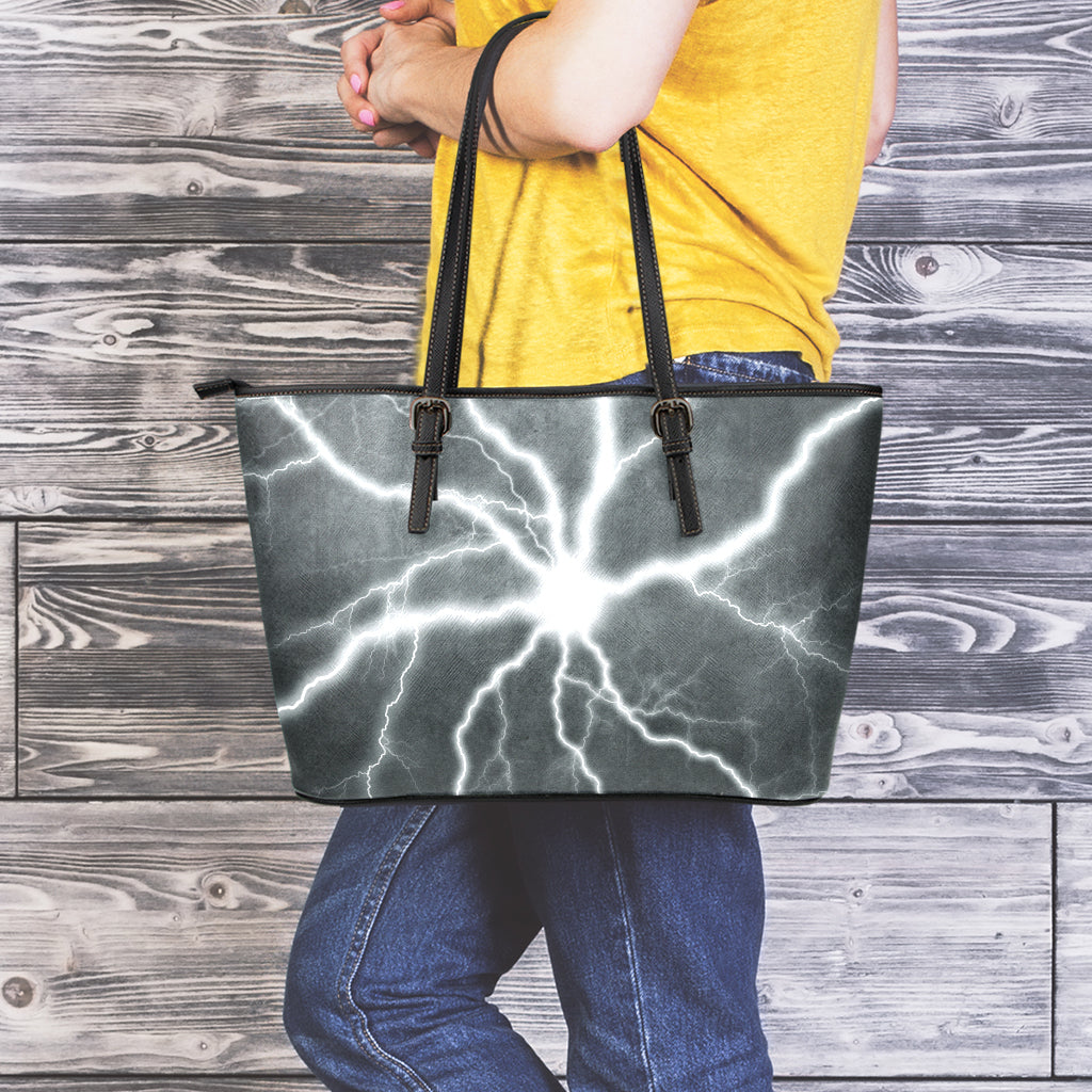 White Lightning Print Leather Tote Bag