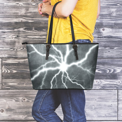 White Lightning Print Leather Tote Bag