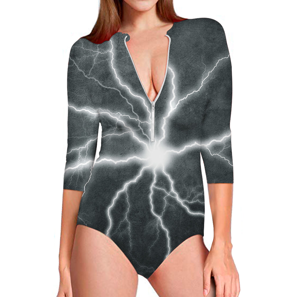 White Lightning Print Long Sleeve Swimsuit