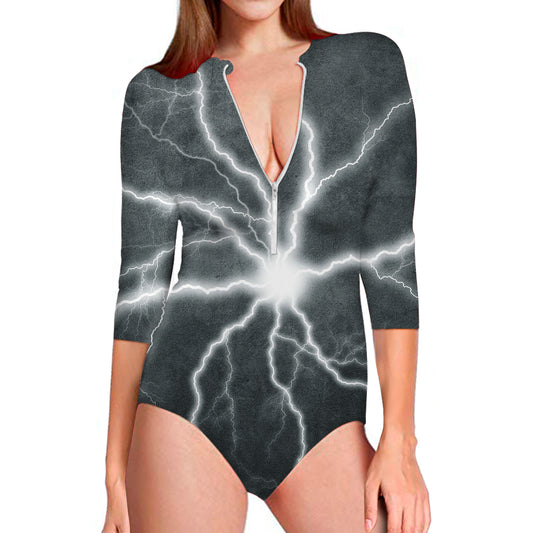 White Lightning Print Long Sleeve Swimsuit