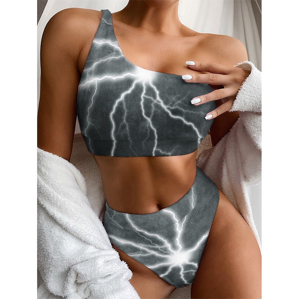 White Lightning Print One Shoulder Bikini Top