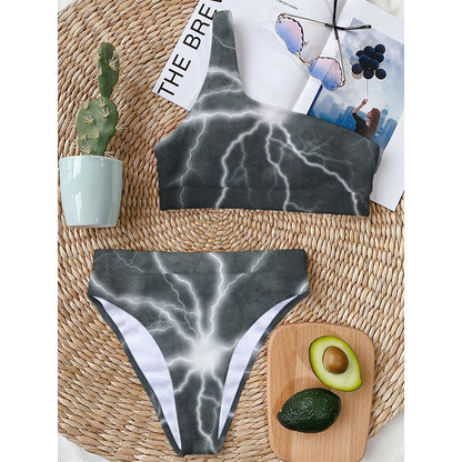 White Lightning Print One Shoulder Bikini Top